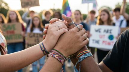Obraz premium Teen couple holding hands at protest, showing solidarity and unity 