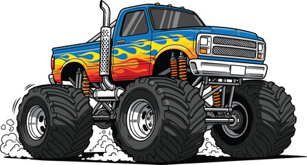 Monster Truck with Flame Graphics and Massive Off Road Tires Illustration for Extreme Motorsport, Big Foot Vehicle and Racing Design © Moslama