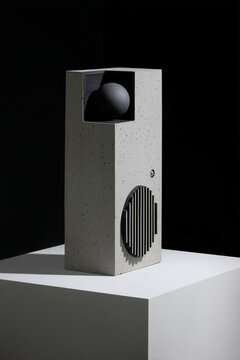 Bloque de hormig&oacute;n gris con esfera oscura y detalle acanalado, Recurso gr&aacute;fico minimalista de hormig&oacute;n con espacio para texto y logo, Estilo moderno de interiorismo brutalista inspiraci&oacute;n para dise&ntilde;o 