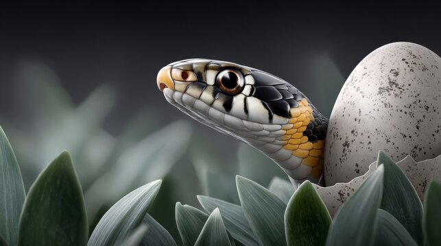 Snake emerging from egg in natural setting near plants