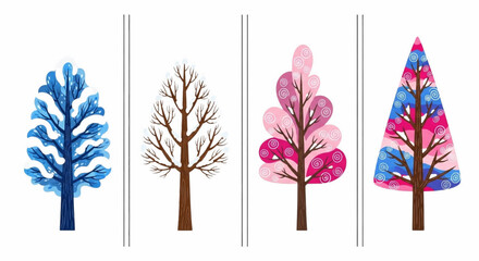 Fototapeta premium Winter Tree Set in Row, Blue Brown Pink Christmas Trees Line Art for Sticker Card