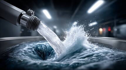 Water flows from a pipe into a whirlpool in a industrial setting