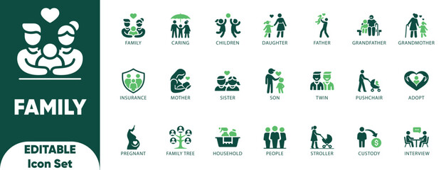 Family Editable Icon Set. caring, grandfather, insurance, father, children, grandparent, and solid icons.