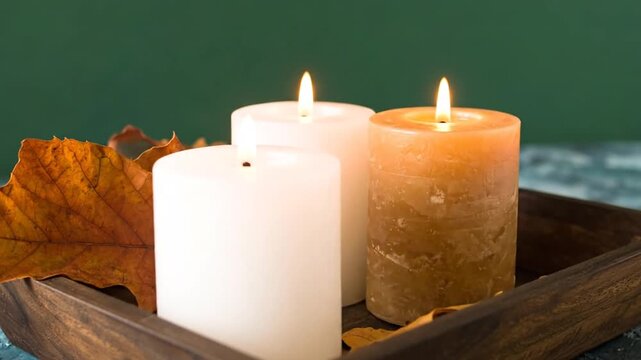 Three lit candles with autumn leaves in a wooden tray, creating a warm and inviting atmosphere.