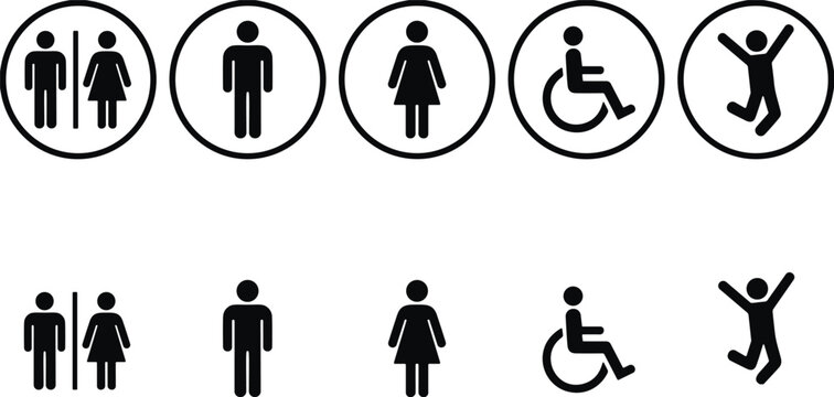 Restroom and accessibility icons set, male female toilet symbols, wheelchair accessible sign collection, public restroom signage vector, universal bathroom symbols illustration