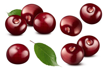 Cherry with leaves isolated on white background