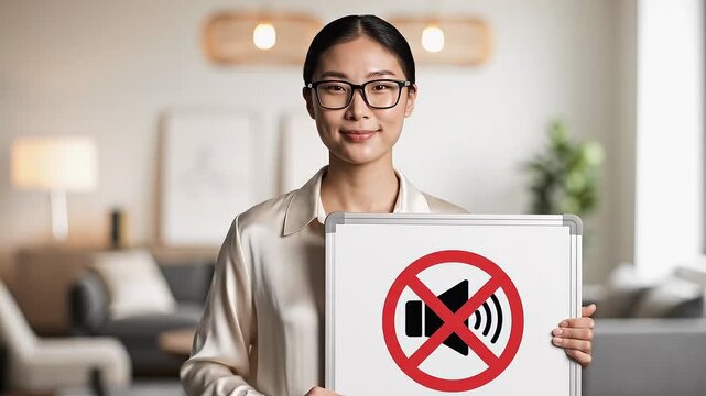 Asian businesswoman wearing glasses holding white board with mute symbol (speaker with red prohibition sign) and making shushing gesture with finger on lips. Concept of silence, quiet zone, no noise