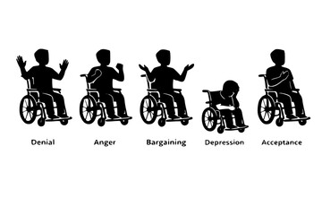 Obraz premium Black Silhouette Wheelchair User Showing the 5 Stages of Grief