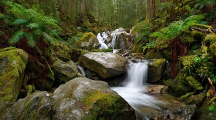 Fototapeta premium Cascading Waterfall Flowing Over Mossy Rocks in a Lush Green Temperate Rainforest