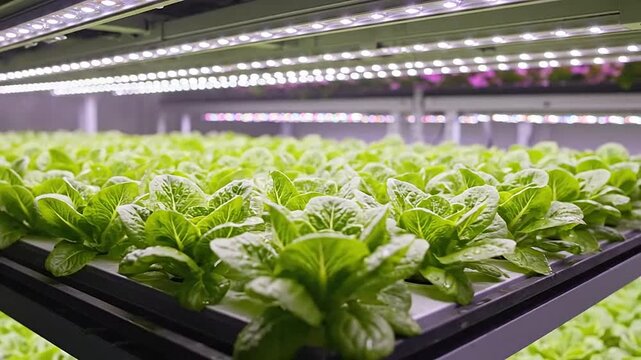 Rows of fresh green lettuce growing under bright artificial lights in a modern farm