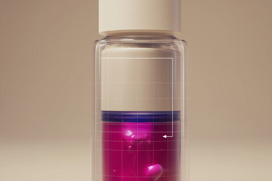 Botella de suero cosm&eacute;tico con l&iacute;quido magenta fondo neutro, Mockup de botella de suero con etiqueta para branding, Detalle de botella de suero innovador cuidado de la piel