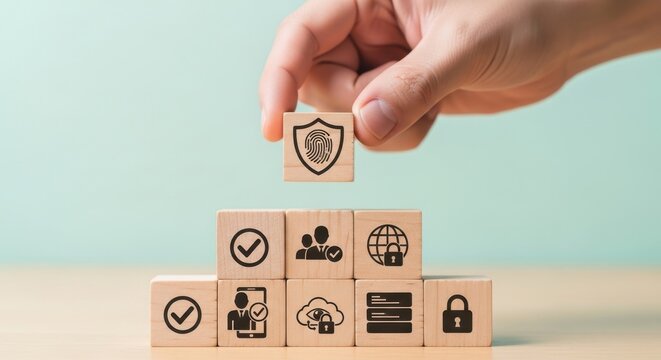 Human hand places wooden block with fingerprint shield, symbolizing digital security, data protection, and privacy.