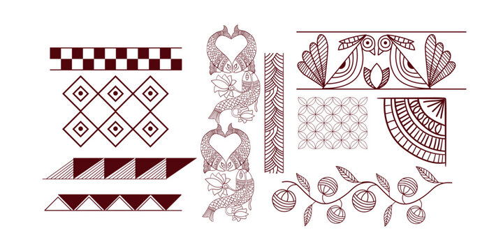 Traditional madhubani art design border design, Seamless design,Hand Drawn design,indian art style,patters design set,Delicate design collections pack.