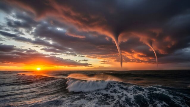 Dramatic waterspouts form over the ocean at sunset, with waves crashing and clouds illuminated by the sun