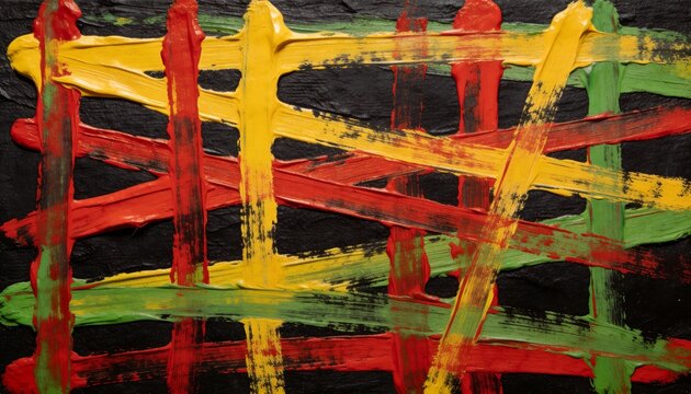 Abstract red yellow and green paint strokes on black background. Pan-African colors texture for Black History Month. Grunge artistic grid pattern