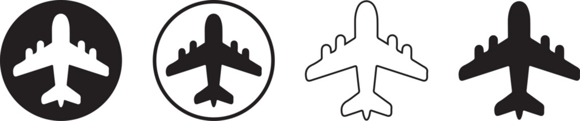 Four different airplane icons in various designs and colors on white background