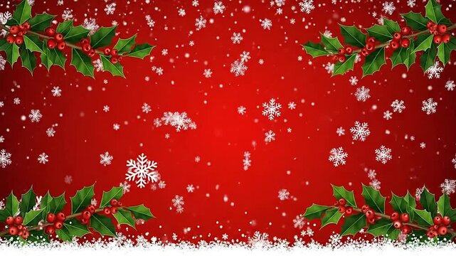 Festive winter holiday background with falling snowflakes and decorative holly branches