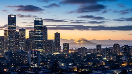 Obraz premium Urban skyline at dusk with city lights glowing and clouds in the twilight sky