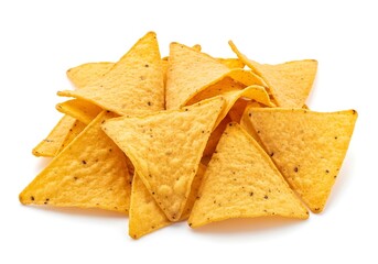 Fototapeta premium A pile of triangular corn chips with a sprinkling of seasoning on a flat surface viewed from directly above