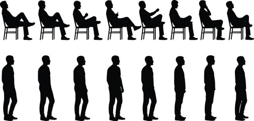 Collection Comprehensive collection of male silhouettes in various sitting and standing side view profile poses isolated on white background for 