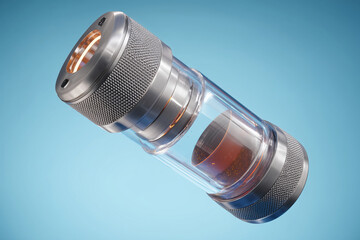 Objeto cil&iacute;ndrico met&aacute;lico y cristal con luz interna y part&iacute;culas, Dise&ntilde;o de lujo minimalista con tecnolog&iacute;a avanzada y brillo, Mockup de objeto tecnol&oacute;gico con fondo azul y espacio para texto