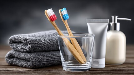 Bathroom essentials with toothbrushes, towels, and toiletries in a simple setup