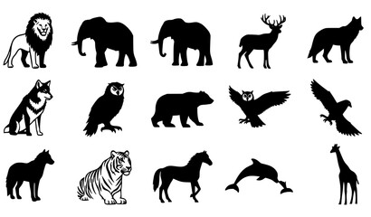 A collection of animal silhouettes and illustrations in a flat design style © MdAshik