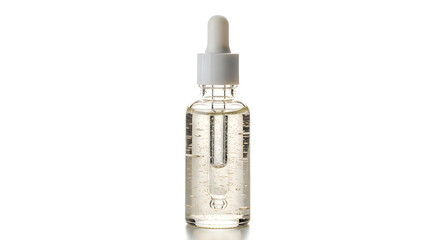 A clear liquid in a glass dropper bottle on a white background