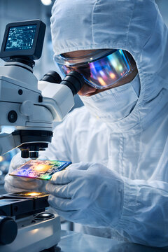 Scientist examining a glowing semiconductor microchip in a cleanroom