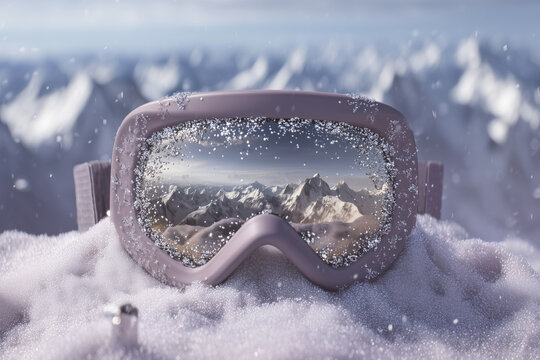 Gafas de esqu&iacute; con nieve cristalizada y monta&ntilde;as reflejadas, Lujosa experiencia de esqu&iacute; en la monta&ntilde;a nevada con gafas elegantes, Fondo premium para publicidad de destinos de esqu&iacute; y aventura