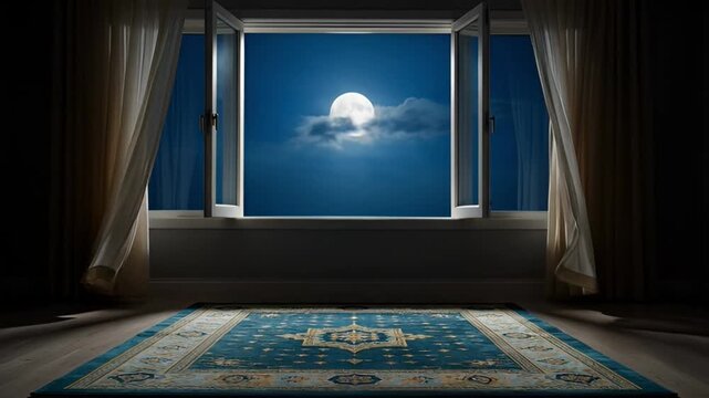 Night window view with bright moon light and curtains indoors