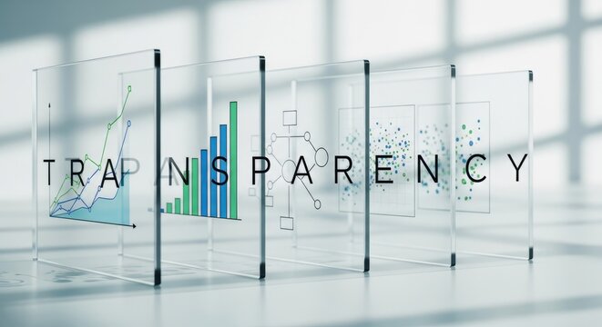 Word transparency displayed on glass panels with various data graphs. Concept of explainable artificial intelligence for business analytics.