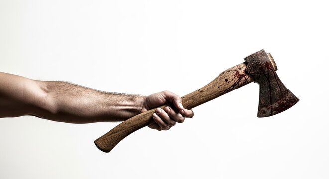 A muscular arm gripping a bloody rusty axe
