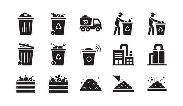 Black icons depicting waste management and recycling processes
