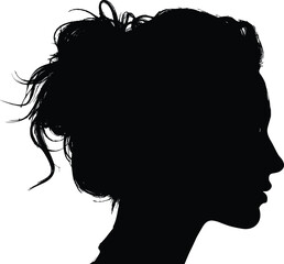 Female head silhouette profile with messy hair bun, black and white woman portrait shadow illustration isolated for avatar, beauty, fashion, and identity concept © MostArjuma