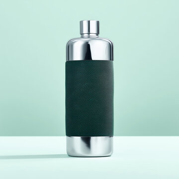 Botella de metal plateado con banda verde texturizada en fondo menta, Fondo publicitario minimalista para producto de alta calidad, Botella de dise&ntilde;o moderno para estilo de vida consciente