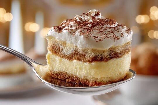 A delicious piece of tiramisu cake served on a silver spoon, topped with fresh whipped cream and a dusting of cocoa powder, showcasing a delectable dessert.