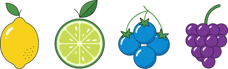 Fresh Fruit Icon Set Featuring Lemon, Lime Slice, Blueberries and Grapes for Healthy Food Design and Organic Nutrition Illustration © MdMojnu