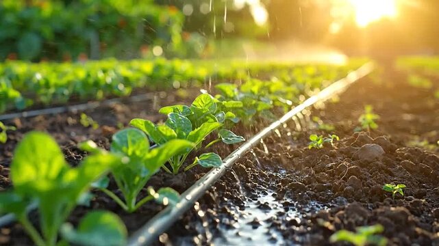 Rows of young green plants being watered by a drip irrigation system in a field