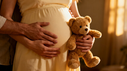 Faceless shot of both parents' hands resting on the baby bump, holding a teddy bear together
