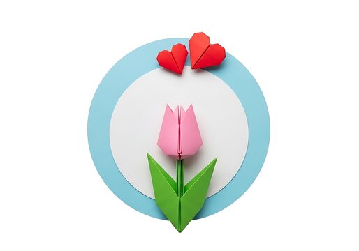 Paper art tulip and hearts in a circular frame, symbolizing love and creativity in a decorative setting