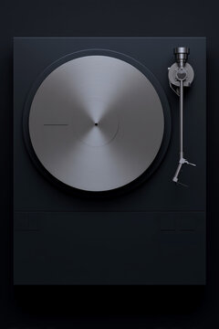 Tocadiscos negro con plato met&aacute;lico brillante vista superior, Giradiscos de alta gama para amantes del sonido elegante, Fondo minimalista para banner de tienda de sonido o m&uacute;sica