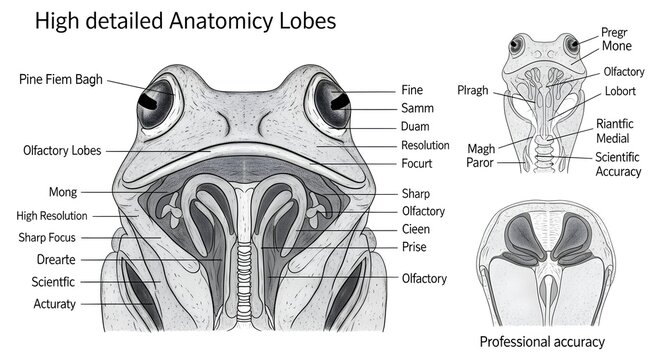 High Detailed Anatomical Illustration of Frog Olfactory Lobes | Frontal Head View with Nasal Cavity and Brain Cross-Sections Showing Olfactory Bulbs and Air Passages | Professional Labeled Scientific 