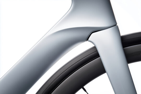 Detalle de cuadro de bicicleta moderno y rueda fondo blanco, Dise&ntilde;o de bicicleta de alta gama con estilo elegante minimalista, Art&iacute;culo sobre tecnolog&iacute;a futurista en bicicletas de carretera
