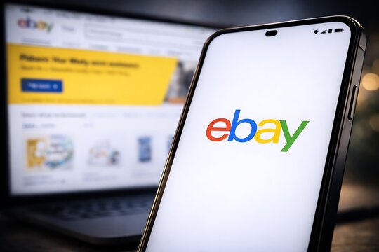 Smartphone displaying eBay logo with the official eBay marketplace website visible on a laptop screen in the background