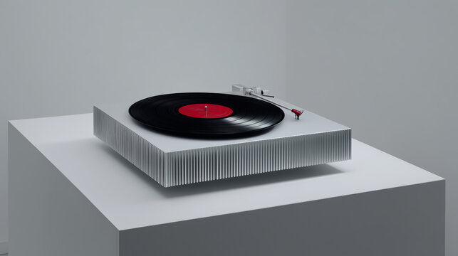 Tocadiscos moderno con vinilo negro en fondo gris minimalista, Equipo de sonido elegante tocadiscos alta gama experiencia musical, Fondo de vinilo retro para publicidad de m&uacute;sica premium