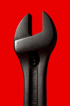 Llave ajustable negra sobre fondo rojo intenso, Dise&ntilde;o de herramienta minimalista premium fondo rojo, Banner para ferreter&iacute;a llave inglesa potente