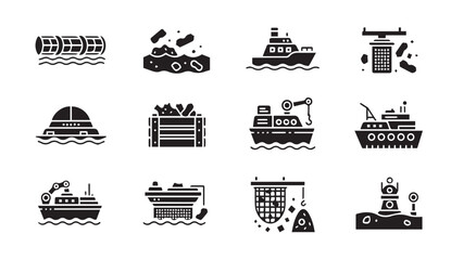 Fototapeta premium Black icons of various industrial ships and boats at sea