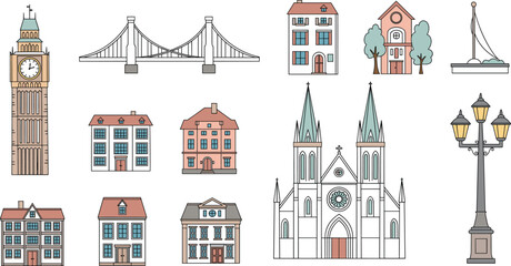 Fototapeta premium Hand-Drawn Landmark Icons Set with Famous Monuments, Buildings, and Travel Symbols, Flat Cartoon Style Vector Illustration for Apps, Websites, Stickers, and UI Design