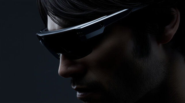 Hombre con gafas futuristas en fondo oscuro, Tecnolog&iacute;a avanzada premium para experiencias inmersivas, Mockup de visor de realidad aumentada dise&ntilde;o elegante